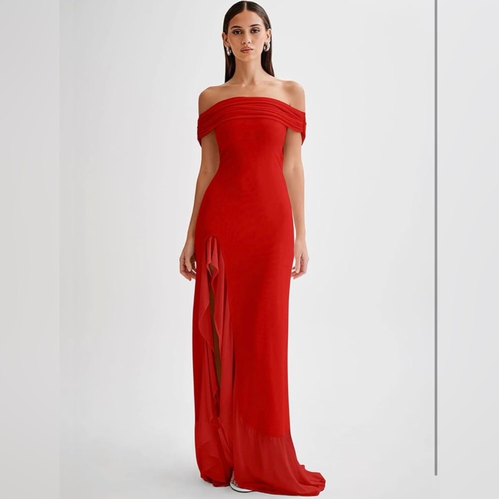 LAGSHIAN Sexy Formal Off Shoulder High Split Ruffle Evening Party Maxi Dress